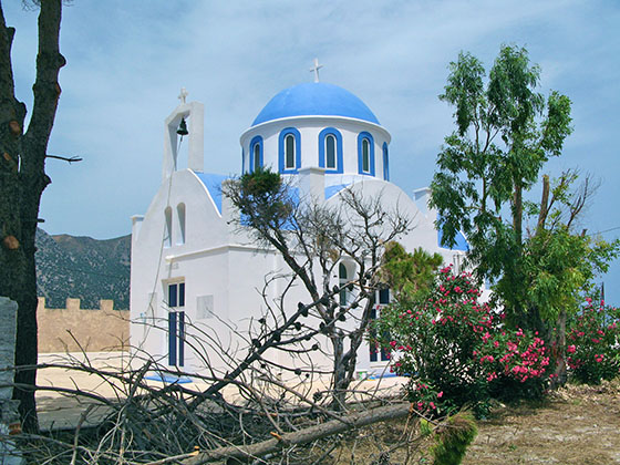 Church of Aghia Varvara (Saint Barbara) on the shoreline between the hotel and Kardamena